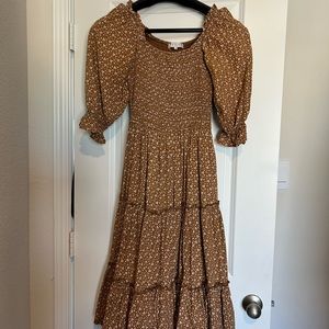 Ivy City Co Brown Tiered Ruffled Sundress with Puff Sleeves